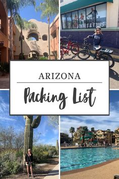 the arizona packing list is shown in four different pictures, including a woman standing next to a