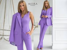 "Elevate your style with our Purple Classic Chic Three-Piece Suit: a jacket, a vest, and high-waisted straight-leg trousers. This suit is exceptionally comfortable, fitting flawlessly with its tailored silhouette. Embrace a relaxed yet sophisticated look, as it transitions seamlessly from work to leisure. The vest adds a touch of versatility, allowing you to exude style even without the jacket. Pair it effortlessly with high heels or chic sneakers. A must-have in your wardrobe for timeless elegance. *WHERE TO WEAR Our 3-piece women's blazer and trouser suit is perfect for the office, business meetings, formal events, and special occasions. Timelessly stylish, classic, and effortlessly chic. *DETAILS - the three-piece suit comprises a jacket, trousers, and a vest. - straight leg pants - str Purple Suits For Office, Classic Trousers Women, Ladies Business Suits, Women Suit Vest, Pantsuit For Women, Purple Suit, Suit Measurements, Purple Suits, Trouser Suit