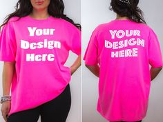 Front and Back Comfort Colors C1717 Neon Pink tshirt mockup. **This item is a Digital file, NO physical item will be shipped.** PURCHASE INCLUDES: 1 high resolution JPG file, easy to edit with any photo editing software. Just overlay your design or text on top of the double sided shirt mockup. C1717 t shirt mock up will not have a text or watermark.  Size: XL - The model is a regular size medium and wears a size XL for a oversized fit.  TERMS OF USE: You may use mock up image for personal and/or commercial use. However, reselling (edited or unedited) and sharing this image are not allowed.  You may not change the clothing colors. Refunds are not allowed due to the digital nature of the product. Please reach out to us if you have any questions or issues. HAPPY CREATING! Pink Short Sleeve Shirt With Custom Print, Pink Relaxed Fit T-shirt With Branding, Basic Pink T-shirt With Custom Print, Pink Branding T-shirt For Streetwear, Pink Graphic Tee With Branding, Pink Branded T-shirt For Streetwear, Pink Crew Neck Shirt With Custom Print, Pink Custom Print T-shirt For Streetwear, Pink Crew Neck Graphic Tee With Sublimation Design