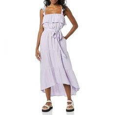 Goodthreads Women's Fluid Twill Vacation Ruffle Midi Dress Size Medium Purple Ruffle Hem Dress For Vacation, Lavender Midi Dress With Ruffles, Purple Dress With Ruffle Hem For Vacation, Summer Lavender Midi Dress For Daywear, Spring Purple Sundress With Ruffles, Summer Lavender Maxi Dress For Daywear, Summer Lavender Midi Dress For Day Out, Lavender Maxi Dress For Summer Daywear, Summer Purple Maxi Dress For Daywear