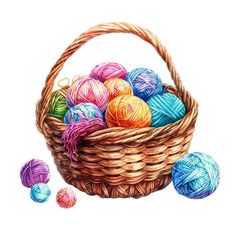 a basket filled with balls of yarn next to two skeins of crochet