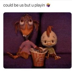 two cartoon characters sitting next to each other on a purple couch with text that reads, could be us but you playin't