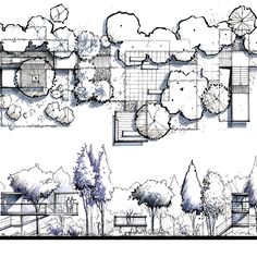 an architectural drawing of a house with trees and bushes in the foreground, along with other plans