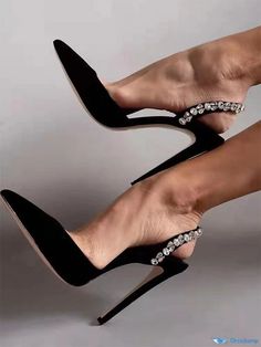 OrcaJump - Elegant Black Pointed Toe Slingback Party Pumps with Rhinestone Embellishments Wedding Shoes Pumps, Office Shoes Women, Basic Heels, Party Pumps, Elegant Heels, Pumps Heels Stilettos, Womens Summer Shoes, Super High Heels, Rhinestone Embellishments