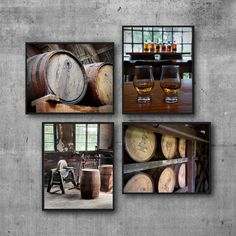 four pictures of wine barrels and whiskey glasses