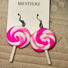 Lollipop Earrings. Pink & White Novelty White Drop Earrings, White Novelty Drop Earrings, Novelty White Earrings For Birthday, White Novelty Party Jewelry, Playful White Earrings With Ear Wire, White Novelty Jewelry For Party, Playful White Jewelry With Ear Wire, Novelty White Jewelry For Party, White Fun Dangle Earrings