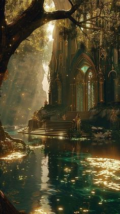 an image of a fantasy castle in the woods with water and trees around it, surrounded by greenery