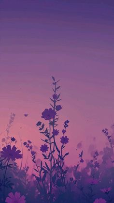 the sky is purple and pink with flowers in front of it at sunset or dawn