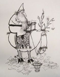 a black and white drawing of santa claus on a horse with a basket in his hand