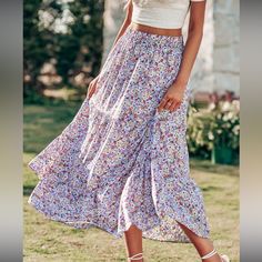 New Floral Tiered Maxi Skirt Lined Elastic Waist Casual Purple Skirt For Vacation, Casual Purple Flared Maxi Skirt, Casual Purple Maxi Skirt For Beach, Flowy Tiered Floral Print Maxi Skirt, Purple Non-stretch Skirt For Spring, Non-stretch Purple Skirt For Spring, Non-stretch Floral Print Skirt For Vacation, Spring Non-stretch Purple Skirt, Casual Non-stretch Floral Maxi Skirt