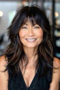 Medium Women’s Hairstyles, Hairstyles For Medium Length Hair With Long Bangs, Heavy Layered Shag, Long Shag Haircut Fine Hair Over 50, Layered With Bangs Long Hair, 50 Long Hair Over 50, Long Bob Hairstyles With Bangs Over 40, Long Hair With Bangs For Women Over 50, Over 50 Hairstyles With Bangs