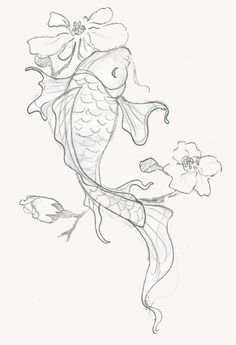 a drawing of a koi fish with flowers on it's back legs and tail