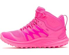 a bright pink shoe is shown on a white background, with the upper part of the shoe