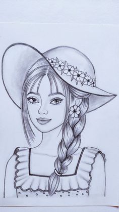 a drawing of a girl wearing a hat with braids and flowers in her hair