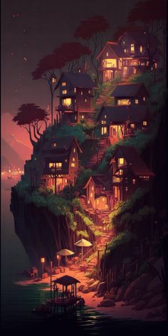 an illustration of a house on top of a cliff by the ocean at night time