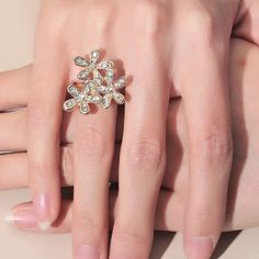 Gorgeous Simulated Diamonds Flower Ring Gold Flower Ring For Party, Gold Flower Ring For Spring Wedding, Spring Rose Gold Flower Ring, White Flower Ring For Party, Spring Wedding Flower Ring, Adjustable Flower Ring For Party, Luxury Formal Flower-shaped Ring, Luxury Diamond Flower-shaped Rings, Luxury Flower-shaped Ring With Diamond Accents