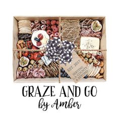 a box filled with lots of different types of food and the words graze and go by amber