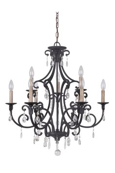 a black chandelier with crystal drops hanging from it's center and four arms