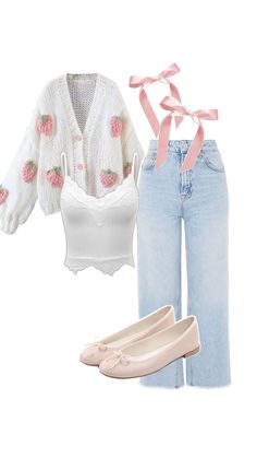 Strawberry Cardigan, Peach Strawberry, Cute Simple Outfits, Really Cute Outfits, Girly Fashion, Girly Outfits, Pink Bow