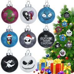 the nightmare before christmas ornament ornaments are on display next to a christmas tree