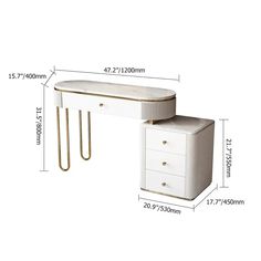 a white desk with two drawers and gold handles on the top, measurements for each drawer