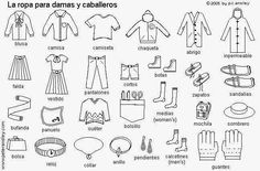 the spanish language for children's clothing is shown in black and white, with an outline