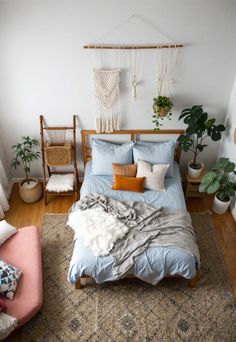 Light Blue Boho Bedroom Boho Bedroom On A Budget, Blue Grey Bedroom, Budget Lighting, Blue Gray Bedroom, Bedroom On A Budget, Thrifted Decor