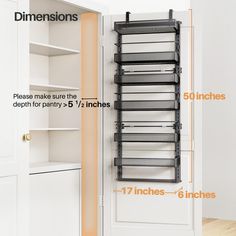 an open closet door with measurements for the doors and shelves in it, including drawers