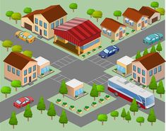 neighborhood 3d directional map with cars, buses and houses on the street in front of them