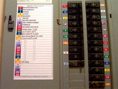 an electrical panel with several different types of switches and numbers on the side of it