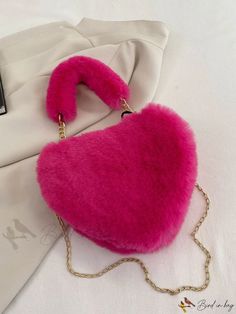 Bird in Bag - Pink Heat Design Fluffy Novelty Shoulder Bag Pink Details, Chain Pattern, Novelty Bags, Bag Bag, Bird In Bag, Heart Design, Pink Bag, Polyester Material, Crochet Earrings