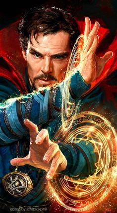 the character doctor strange is shown in this image, with his hands outstretched and glowing circles around