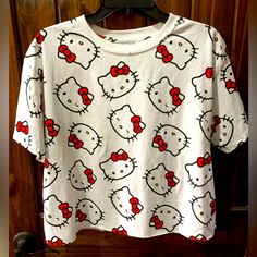 New Super Cute Cut Off Crop Top Tee Hello Kitty Women Size L $20 Cute White Print Crew Neck Top, Fun White Printed Tops, Cute Red Crew Neck Top, Casual Hello Kitty Print Tops For Spring, Hello Kitty Print Crew Neck Top For Summer, Spring Casual Hello Kitty Print Tops, White Crew Neck Top With Hello Kitty Print, Trendy White Tops With Hello Kitty Print, Trendy White Hello Kitty Print Tops