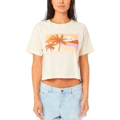 Cute In A Cropped Silhouette With A Retro Beach Vibe, This Rip Curl Juniors' T-Shirt Is In All Cotton With A Soft Enzyme Wash. Relaxed Fit Crewneck Graphic At Front 100% Cotton Machine Washable Imported Beachy Cotton Tops For Day Out, Casual Beach Crop Top With Crew Neck, Casual Crew Neck Crop Top For Beach, Beachy Short Sleeve Tops, Beachy Tops With Graphic Print For Day Out, Beachy Graphic Print Tops For A Day Out, Casual Short Sleeve Crop Top For Beach Season, Beach Season Crew Neck Crop Top, Cotton Crew Neck Crop Top For Vacation