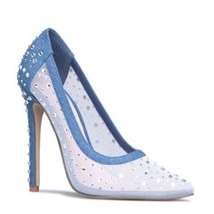 A Slip-On Embellished Mesh Pointed-Toe Pump With A 4.75”Stiletto Heel. Glamorous Light Blue Heels For Party, Blue Embellished Heels For Special Events, Blue Glitter Heels For Evening, Light Blue Pointed Toe Heels For Evening, Elegant Blue Heels With Rhinestones, Blue Party Heels With Rhinestones, Blue Glitter Evening Heels, Light Blue Pointed Toe Heels In Synthetic, Blue Pointed Toe Heels With Rhinestones