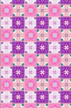 a pink, purple and green patchwork pattern with flowers on the bottom right corner