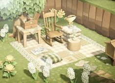 an animated scene with furniture and flowers in the background