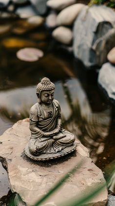 a buddha statue sitting on top of a rock next to a river filled with rocks