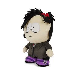 a stuffed doll with black hair and purple pants