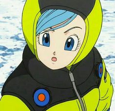 an anime character with blue hair wearing a yellow and black jacket in the middle of snow