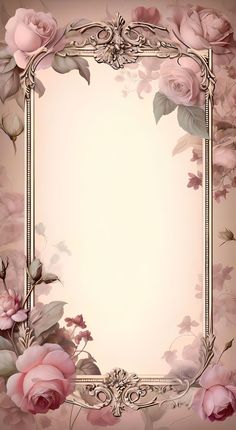 an ornate frame with pink roses and leaves on the edges, in front of a beige background