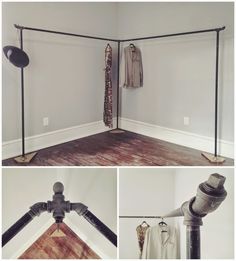 three pictures of clothes hanging on the wall and in an empty room with wooden flooring