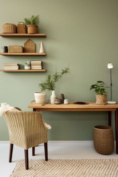 a living room with green walls and shelves on the wall, two wicker chairs in front of a wooden table