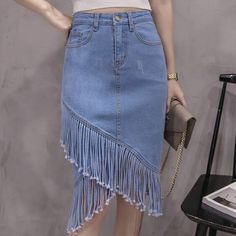 Pencil Skirt Tutorial, Cropped Wide Leg Trousers, Classy Skirts, Pencil Skirt Casual, Irregular Skirt, Pencil Skirt Outfits, Tassels Fashion, Summer Denim