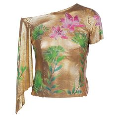 Versace 2000 Jlo Collection Tropical Gold Metal Mesh Top One Sleeve Top, Versace Top, Printed Silk Shirt, Printed Silk Blouses, Metal Mesh, Gianni Versace, Y2k Streetwear, Fashion Photoshoot, Looks Vintage