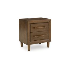 a wooden nightstand with two drawers on one side and an open drawer on the other