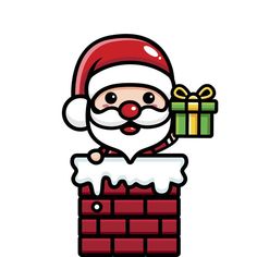 santa claus holding a gift box in his hand and standing on top of a brick wall