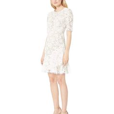 Showcase Your Inner Goddess In This Stunning Vince Camuto Lace Cap Sleeve A- Line Dress W/Asymmetrical Ruffle Hem. - Elegant Party Dress In An A- Line Silhouette - Solid Color Way On A Floral Lace Fabrication - Jewel Neckline And Cap Sleeves - Sheer York And Sleeves - Concealed Zipper Closure At The Back - Asymmetrical Tiers Are Ruffle Skirt - Lined - Scalloped Hem Line Falls Above Knee Fitted Knee-length Neutral Mini Dress, Fitted Neutral Knee-length Mini Dress, Fitted Neutral Dress For Spring, Spring Neutral Fitted Dress, Neutral Fitted A-line Dress, Feminine Neutral Short Sleeve Dresses, Fitted Neutral Evening Dress, Neutral Fitted Evening Dresses, Fitted Neutral Dress For Party