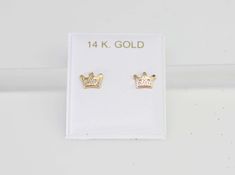 "Beautiful, Danity and Elegant pair 14k Solid Gold Stud Princess Crown Earrings with Screw Back It's perfect for anyone any age for any occasion, a great gift for that special someone or yourself. Item Specifications: Model # BE-1199B Metal Type: 14K Gold \"Solid\" Metal Stamp: 14K Style: Stud Earring Fastening: Screw Backs Shape: Crown Stud with Cz Size: (approx 5x6 mm---- 4/16 x3/16 inch) Finish: Solid Earrings Puff Pad size: 1 3/8 inches x 1 1/8inch (35mm x 28mm) The screw backs are really go 14k Yellow Gold Earrings For Birthday, Gold Crown Design Earrings As Gift, Gold Crown Design Earrings For Gift, Gold Earrings With Crown Design For Gift, Crown Earrings, Arrow Earrings, Stud Earrings Gold, Moon Studs, Turtle Earrings