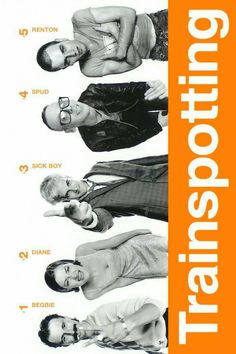 an orange and white poster with the names of three men in front of each other